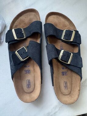 Women’s Birkenstock Navy Suede Double Gold Buckle Sandals